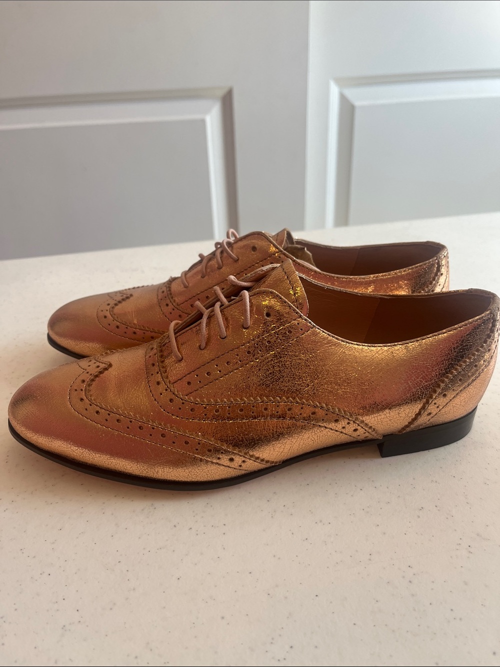 J. Crew Metallic Rose Gold Wingtip Oxfords